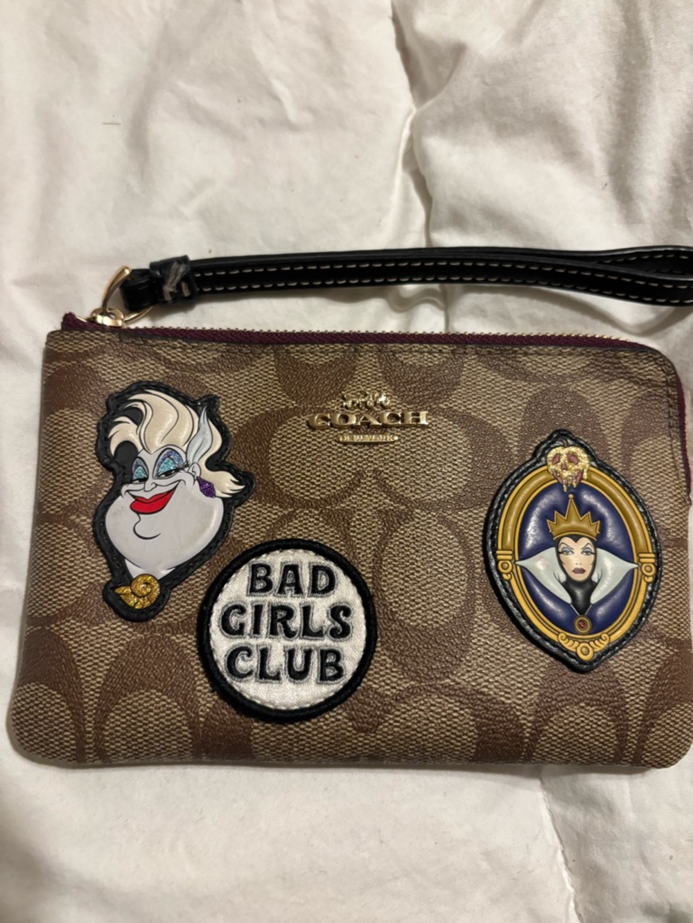 Coach Brown Signature Canvas Wristlet with Villain Patch Accents